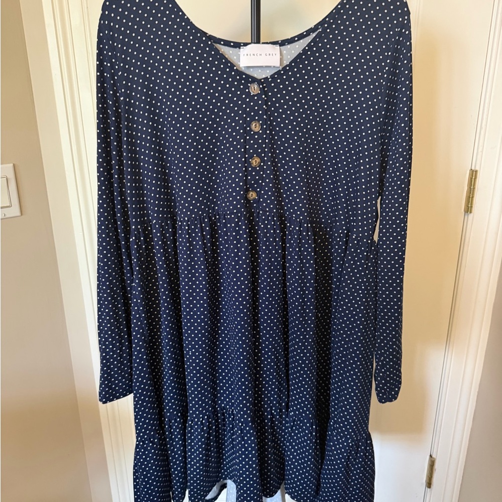 French Grey Navy Polka Dot Button-Front Babydoll Dress